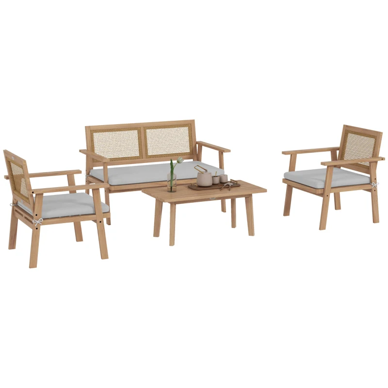 Outsunny Ensemble salon de jardin 4 pièces 4 personnes avec canapé 2 places, 2 fauteuils 1 table basse coussins, bois d'acacia