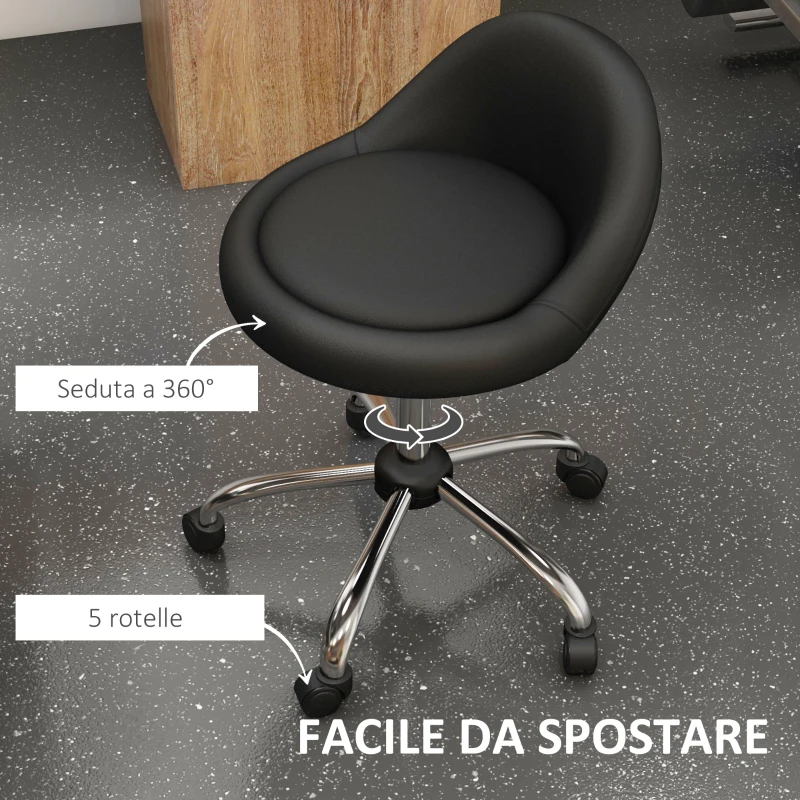 HOMCOM Sgabello con Ruote, Seduta Girevole, Altezza Regolabile e Rivestimento in Finta Pelle PU, Nero