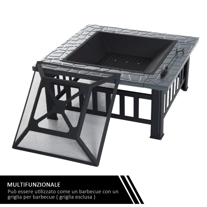 Outsunny Braciere da Giardino Quadrato con Coperchio e Copertura Antipioggia, 81x81x46cm