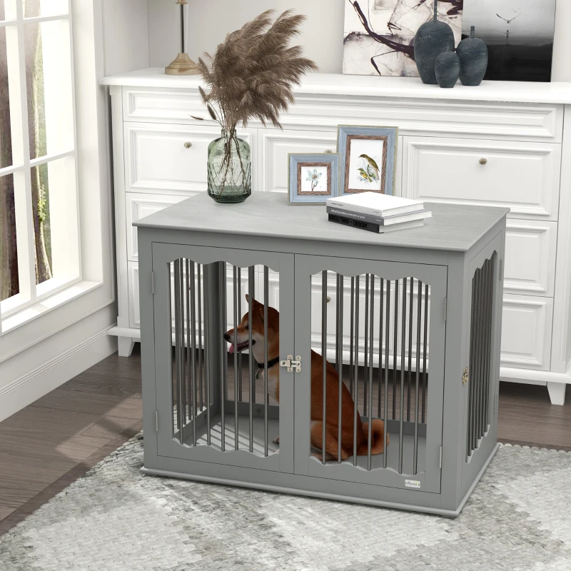 PawHut Dog Crate, End Table, with Three Doors, Locks, Latches for Large Dogs, Indoor Use - Grey