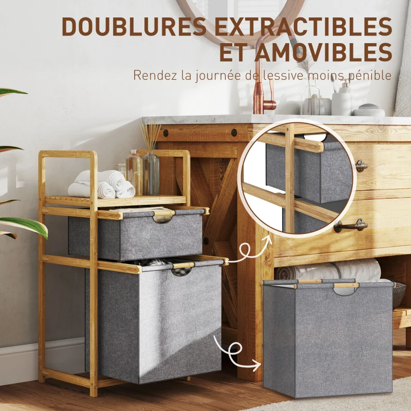 HOMCOM Panier à linge en bambou corbeille à linge sale avec 2 sacs en tissu coulissants et étagère à lattes, naturel