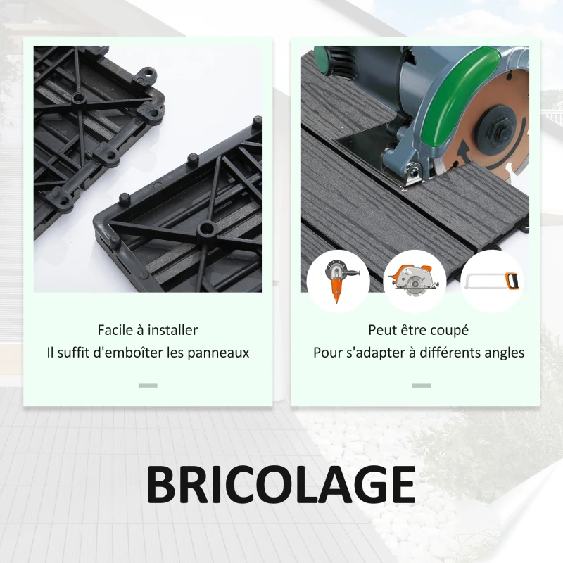 Outsunny Dalles terrasse - caillebotis - Lot de 11 pcs, Surface Max. 1 m² - emboîtables, Installation très Simple, dim. 30 x 30 cm