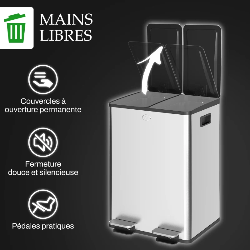 HOMCOM Poubelle de cuisine double, 2 x 28L, 2 couvercles à fermeture douce, seaux intérieurs amovibles et poignées
