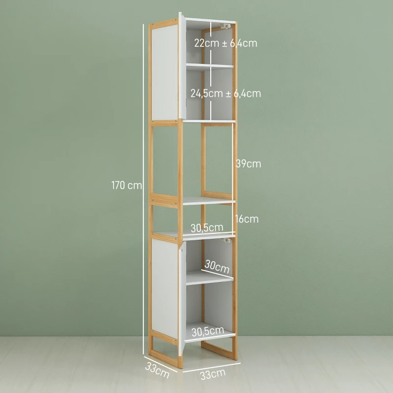 HOMCOM Meuble colonne de salle de bain avec 2 niches et 2 placards étagère réglable, bambou et MDF 33L x 33l x 170H cm blanc