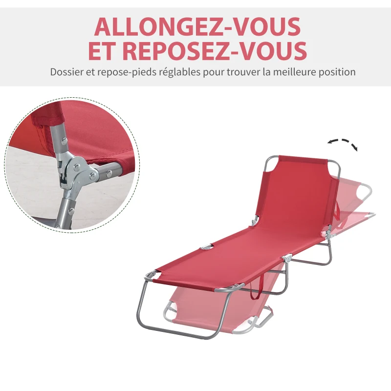 Outsunny Bain de Soleil transat Pliable Dossier réglable Multipositions métal et Polyester Bordeaux