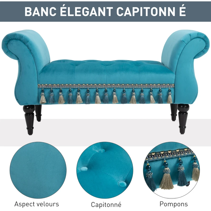 HOMCOM Banc banquette capitonnée design accoudoirs courbés pompons pieds bois hévéa revêtement velours bleu