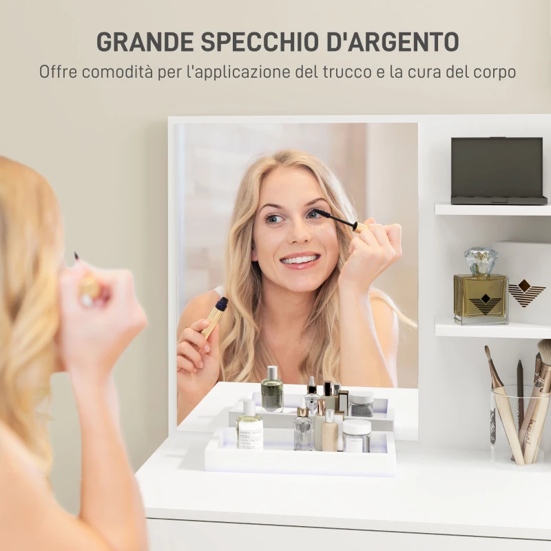 HOMCOM Tavolo da Trucco a 3 Ripiani e Cassetti con Specchio e Sgabello, in Truciolato, 75x40x137 cm, Bianco