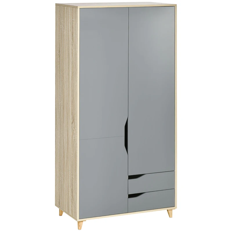 HOMCOM Guardaroba a 2 Ante in Truciolato e MDF con Binario, 3 Ripiani e 2 Cassetti per Soggiorno e Camera, 88.9x50.1x184.5 cm