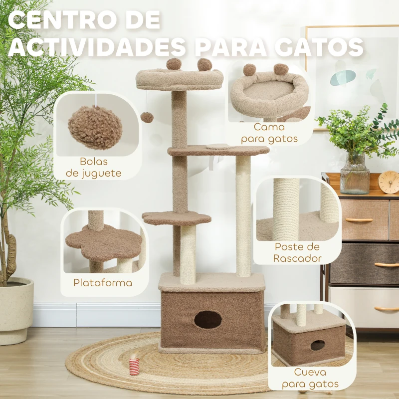 PawHut Árbol Rascador para Gatos Altura 133 cm Torre para Gatos con Nido Plataformas Bola Colgante y Poste de Yute Café