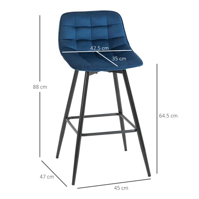 HOMCOM Set 2 Sgabelli Alti in Stile Nordico con Schienale e Poggiapiedi, Sgabelli con Schienale in Tessuto Effetto Velluto e Metallo, 45x47x88 cm, Blu