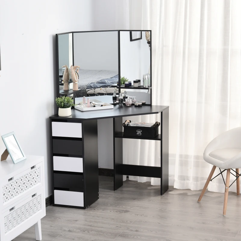 HOMCOM Coiffeuse d'angle design contemporain table de maquillage multi-rangements 5 tiroirs 3 étagères 3 miroirs noir blanc