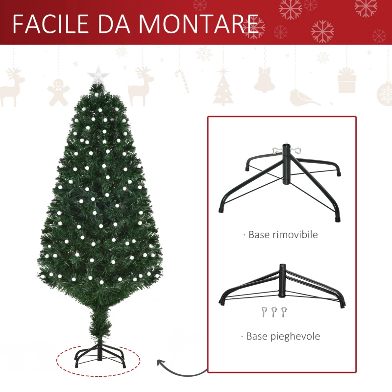 HOMCOM Albero di Natale Artificiale 150cm con 170 Luci LED e Fibre Ottiche, Albero di Natale con Luci Incorporate e 170 Rami e Base in Metallo Pieghevole, Verde
