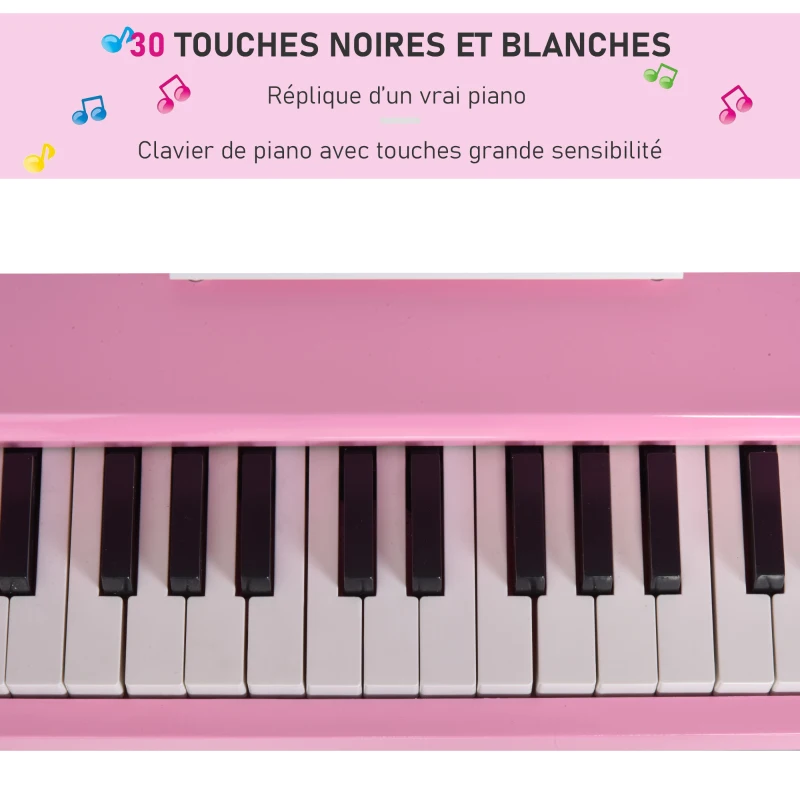 HOMCOM Piano à queue enfant en bois Piano enfant clavier de piano 30 touches - tabouret et pupitre inlus - Instrument de Musique - MDF rose