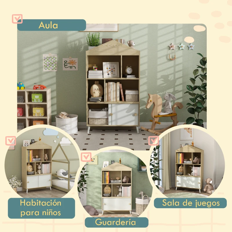 AIYAPLAY Librería Infantil con 4 Compartimentos Estantes Abiertos y Armario 80x30x140,5 cm Blanco y Natural