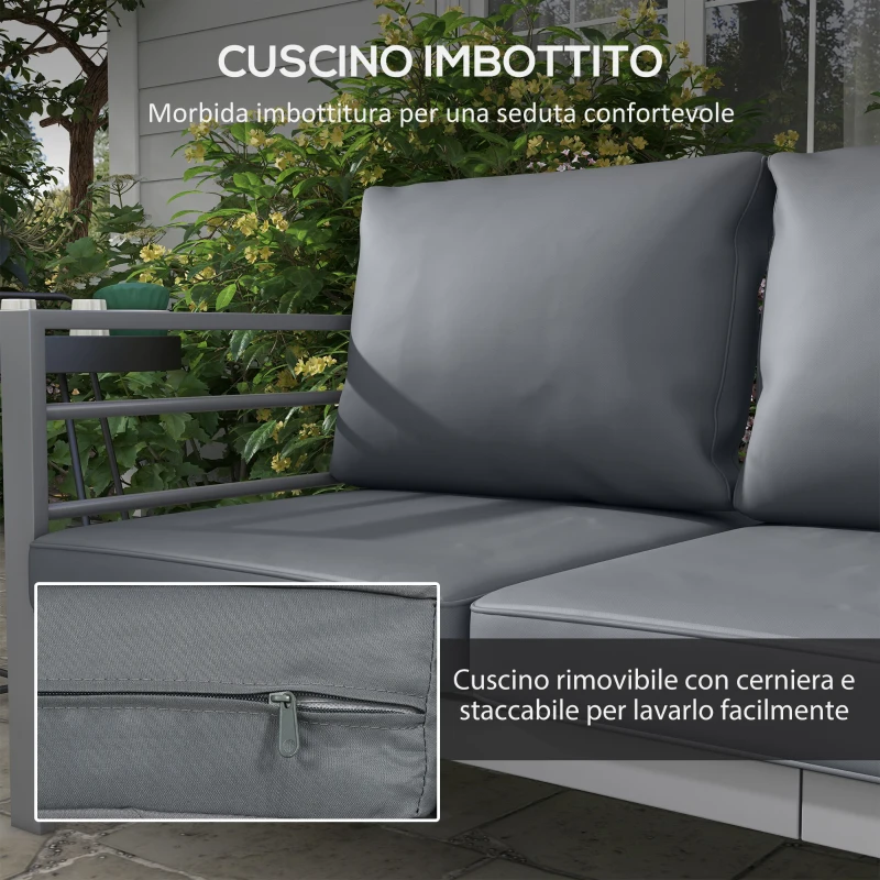 Outsunny Divano da Giardino 3 Posti con Cuscini per Seduta e Schienale, in Alluminio, 185x66x64 cm, Grigio