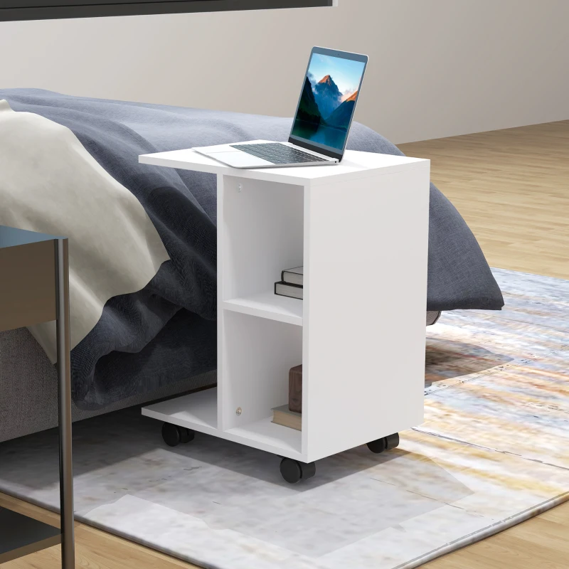 HOMCOM Mesita Auxiliar con Ruedas Mesa para Sofá en Forma de C con Estantes Abiertos para Salón 45x35x58 cm Blanco