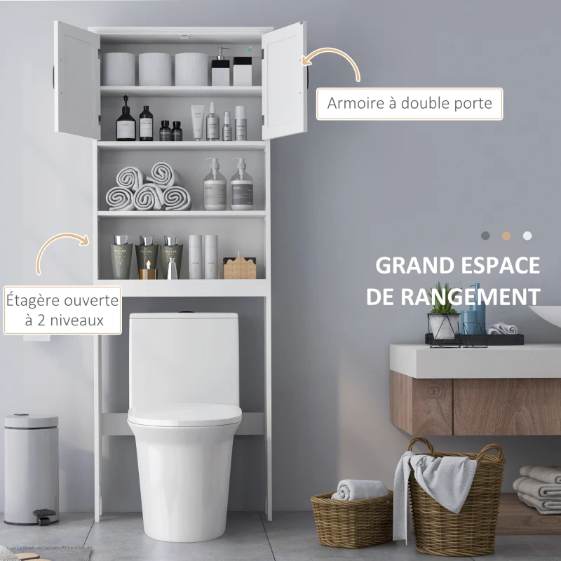 kleankin Meuble WC dessus de toilette armoire de rangement de salle de bain avec niches placard à double porte étagère réglable