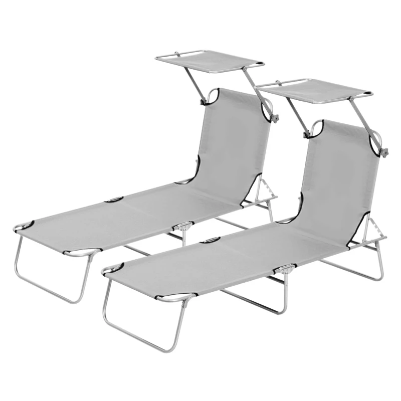 Outsunny 2 Pieces Outdoor Foldable Sun Lounger, 4 Level Adjustable Backrest Reclining Sun Lounger Chair with Angle Adjust Sun Shade Awning for Beach, Garden, Patio, Light Grey