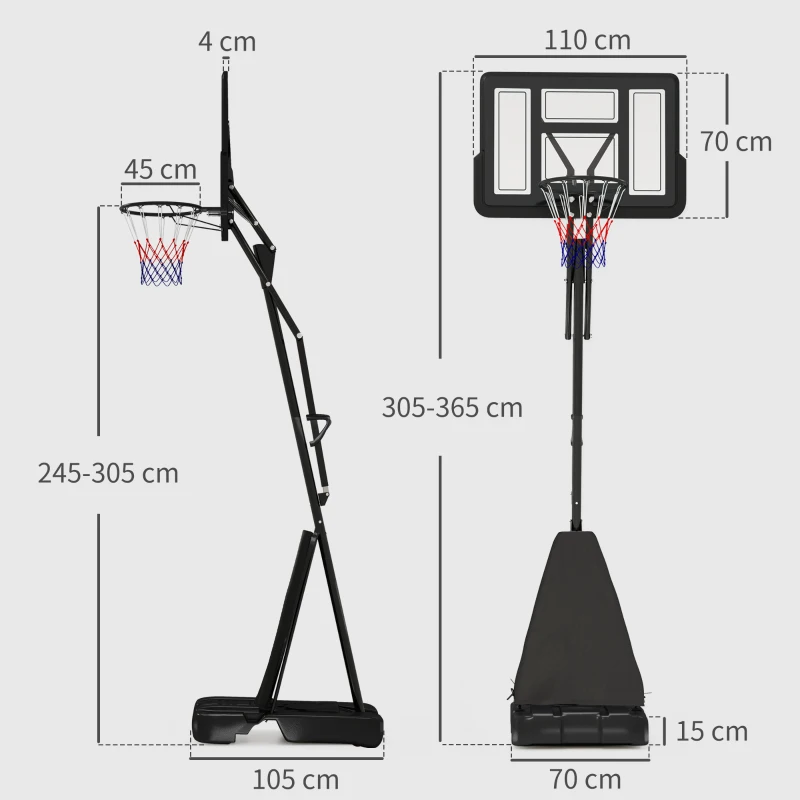 SPORTNOW 245-305cm Adjustable Basketball Hoop and Stand, with Wheels, Black