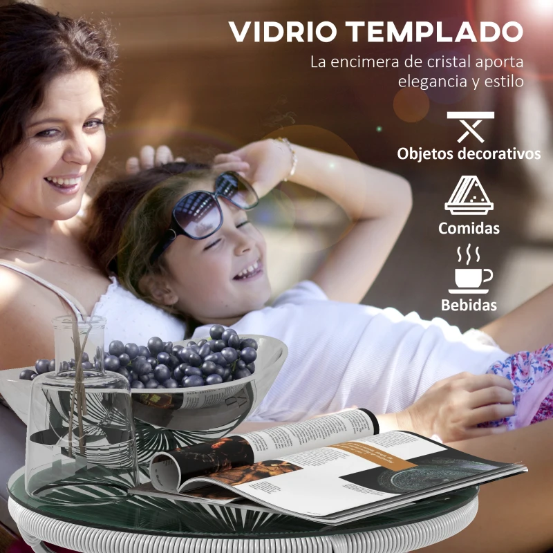 Outsunny Mesa Auxiliar de Ratán Sintético Redonda para Exteriores con Encimera de Vidrio Templado Ø50x50 cm Gris