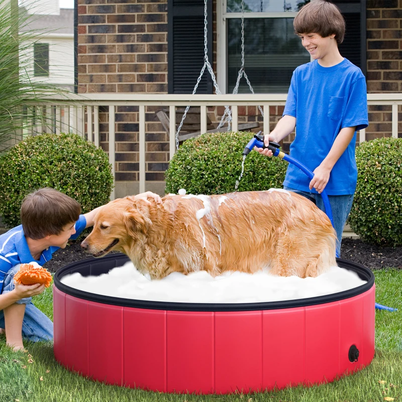 PawHut Piscina Plegable para Perros Gatos Ø120x30 cm Bañera Portátil para Mascotas PVC Antideslizante Múltiples Usos para Interiores y Exteriores Rojo