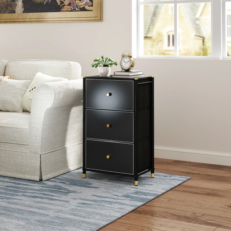 HOMCOM Faux Leather Front Chest of Three Drawers - Black