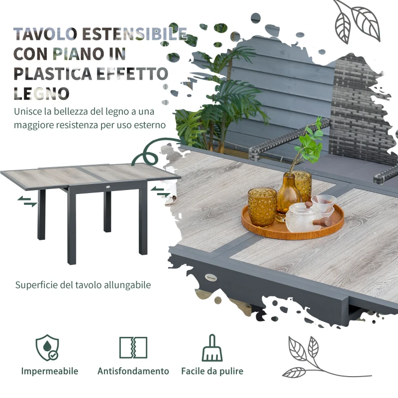 Outsunny Set da Giardino con Tavolo Allungabile e 6 Sedie con Cuscini in Rattan PE, Grigio e Marrone