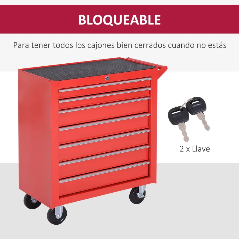 DURHAND Carro de Herramientas con 7 Cajones y Ruedas Caja Taller Cerradura tipo Mueble de Almacenamiento 69x33x75cm Rojo