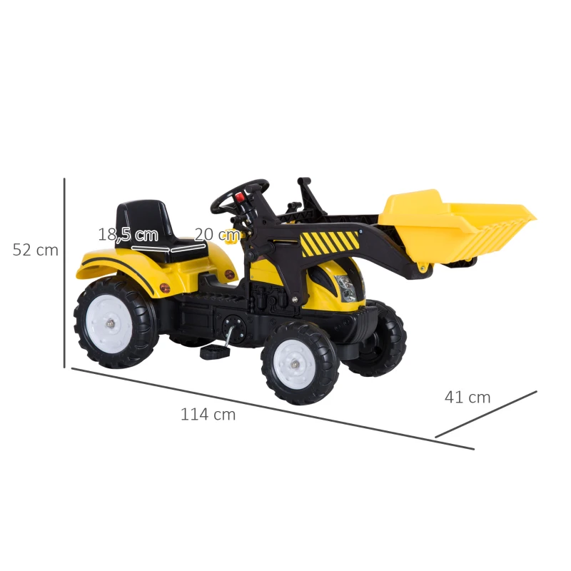 HOMCOM Tractor Pedal Excavadora Camión + Pala Delantera para Niños 3 Años Juguete de Montar Coche Pedales Carga 35kg 114x41x52cm Metal y Plástico