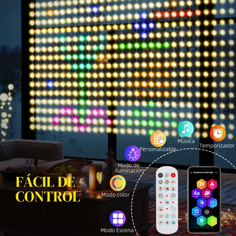 HOMCOM Cortina de Luces LED 3x3m Inteligente con Sincronización Musical Control Remoto y App Efectos y Colores Personalizables