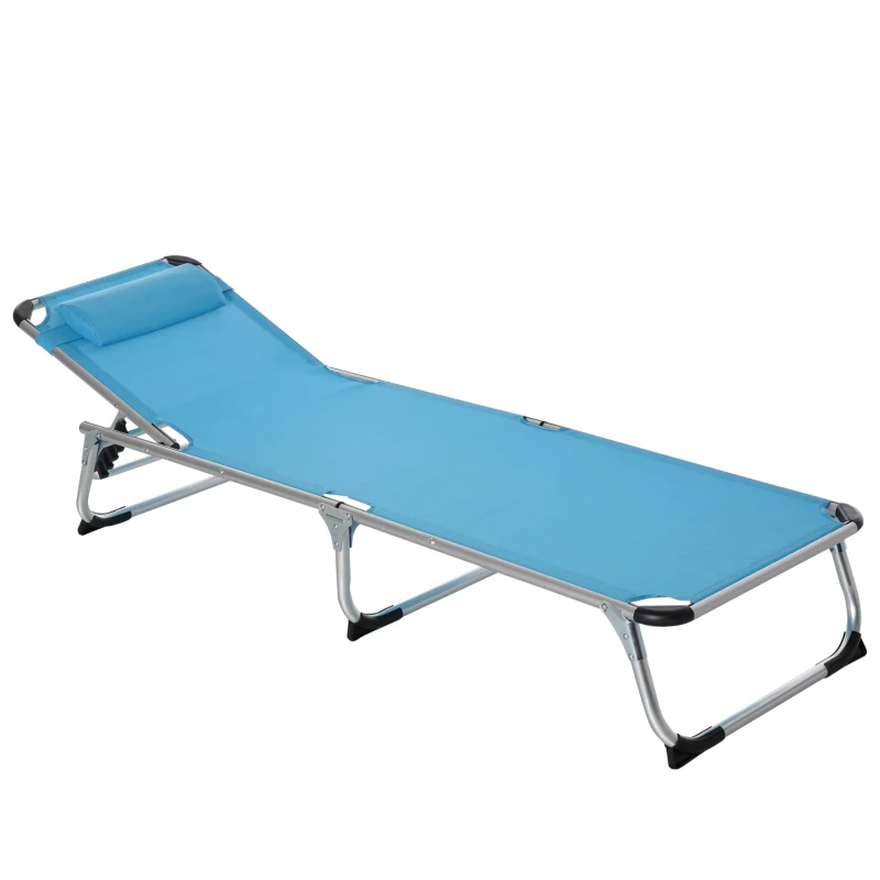 Outsunny Foldable Outdoor Sun Lounger, Reclining Lounge Chair Camping Bed Cot with Pillow 4-Level Adjustable Back Aluminium Frame, Blue