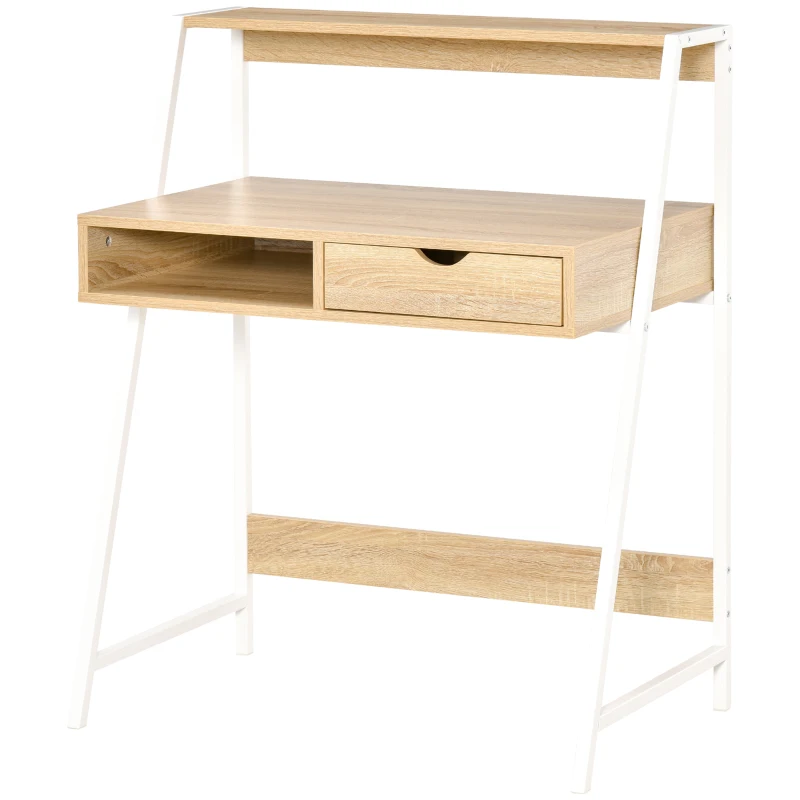HOMCOM Bureau secrétaire Bureau Informatique Style néo-rétro tiroir Niche étagère métal blanc, aspect chêne clair