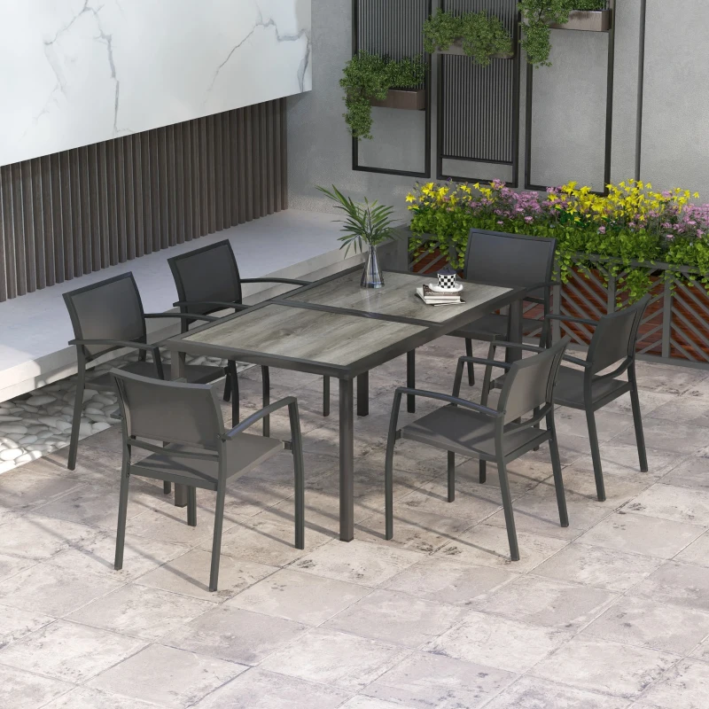 Outsunny Ensemble salle à manger de jardin 7 pièces avec 1 table et 6 chaises empilables en métal époxy textilène gris foncé