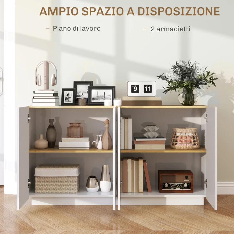 HOMCOM Credenza Moderna con Armadietti a 2 Ante, Chiusura Ammortizzata e Ripiani Regolabili, 140x40x75cm, Bianco Lucido