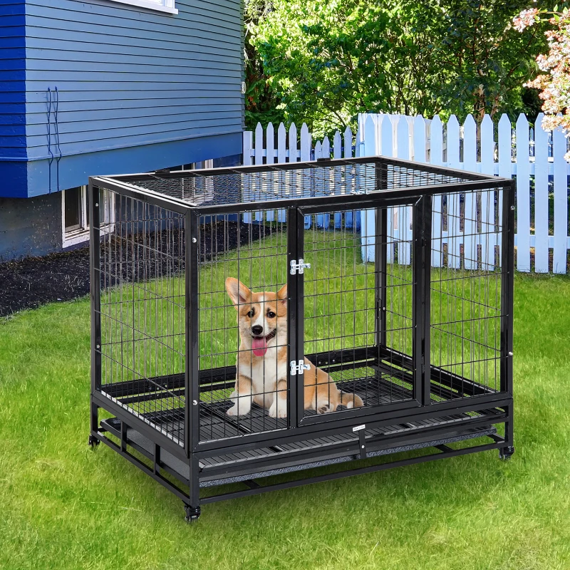 PawHut Cage pour chien animaux cage de transport sur roulettes 2 portes verrouillables plateau amovible max. 50 Kg  109L x 76l x 87H cm noir