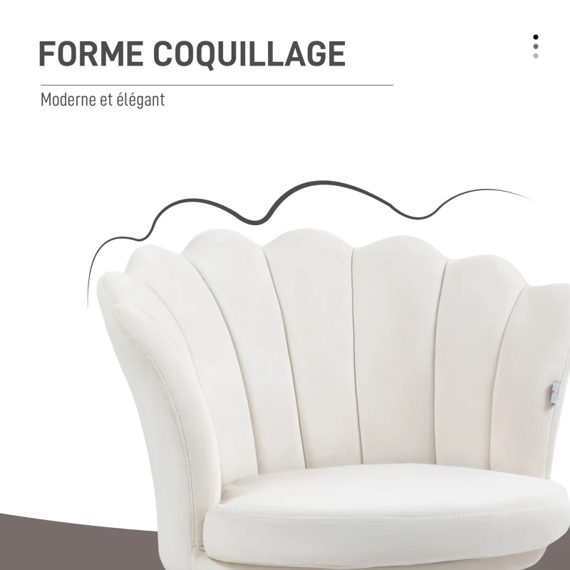 HOMCOM Fauteuil coquillage chaise coiffeuse fauteuil en velours fauteuil de salon avec pieds en métal doré crème