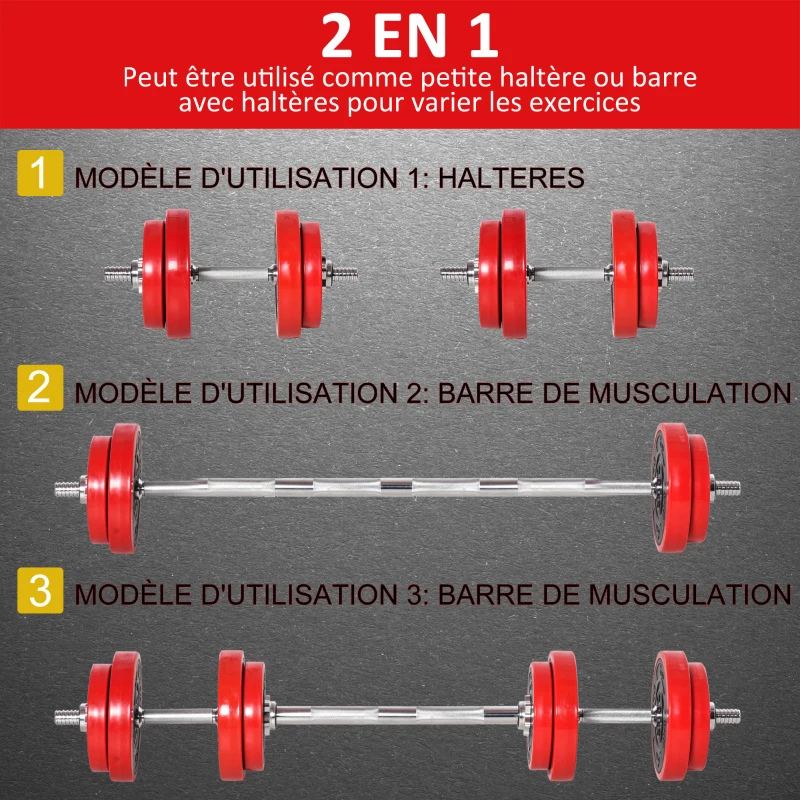 HOMCOM Haltères de 20 kg ensemble d'haltères musculation réglable avec barre d'extension pour entraînement musculaire et haltérophilie