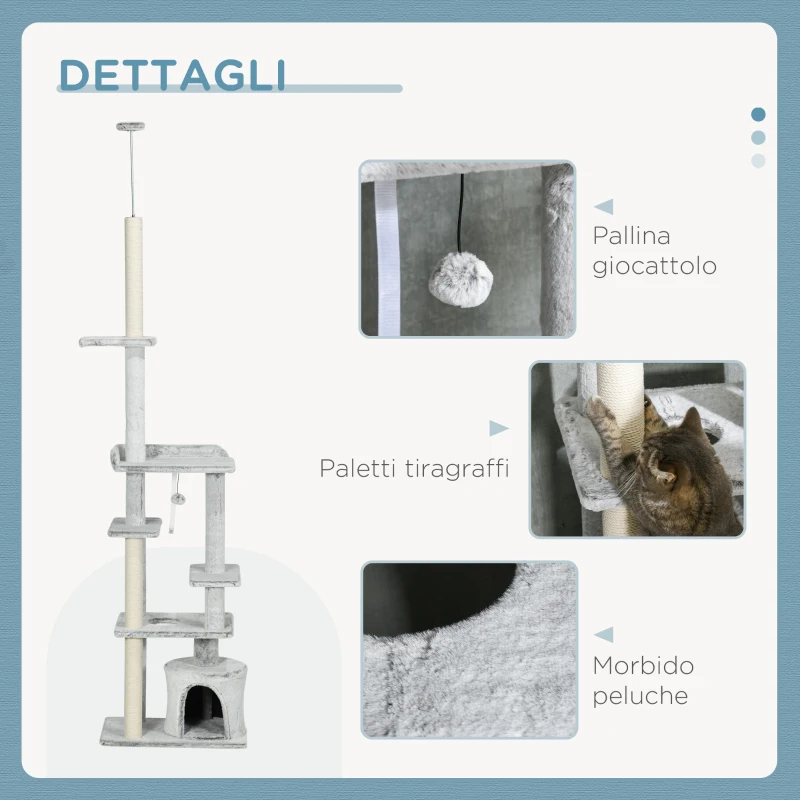 PawHut Albero Tiragraffi per Gatti a Soffitto con Piattaforme e Casetta, 60x40x225-255cm, Grigio