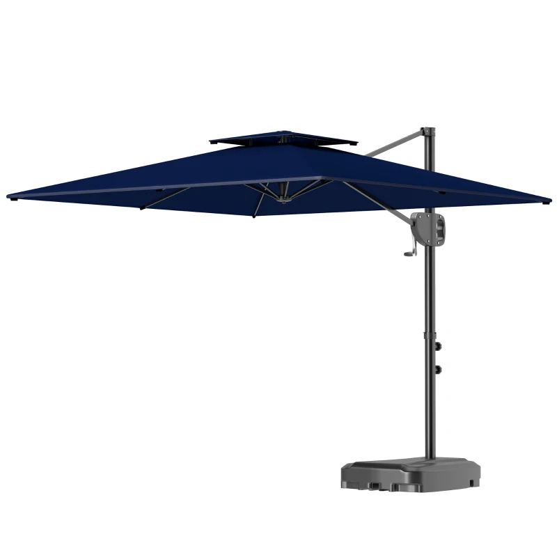 Outsunny Cantilever Parasol with Weighted Base Double Top Garden Parasol Square Hanging Patio Umbrella with Crank Tilt Dark Blue