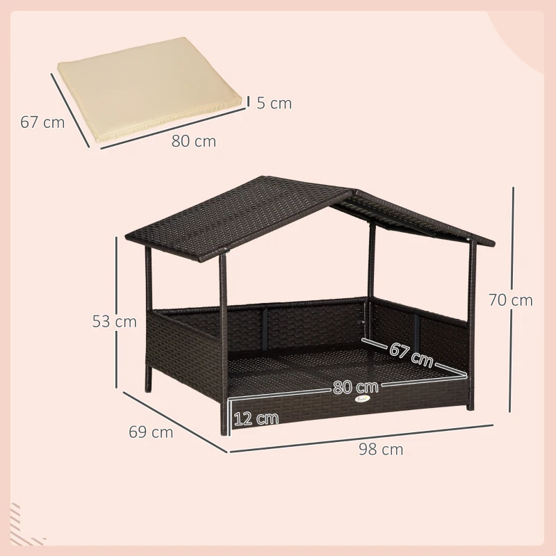 PawHut Wicker Dog Bed, Elevated Rattan Dog House with Removable Cushion and Canopy, for Small and Medium Dogs, 98 x 69 x 70cm - Cream