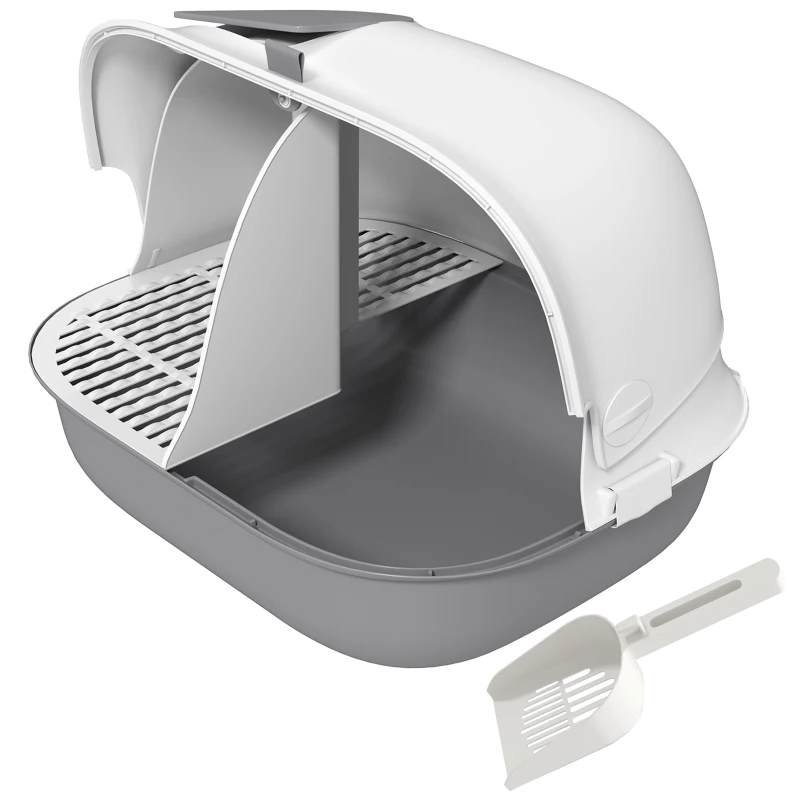 PawHut Lettiera per Gatti Chiusa con Gattaiola e Paletta, in PP, 58x46x39 cm, Grigio Chiaro e Bianco