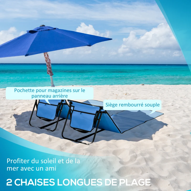 Outsunny Lot de 2 tapis de plage rembourré dossier inclinable multi-positions sac de transport inclus acier polyester bleu
