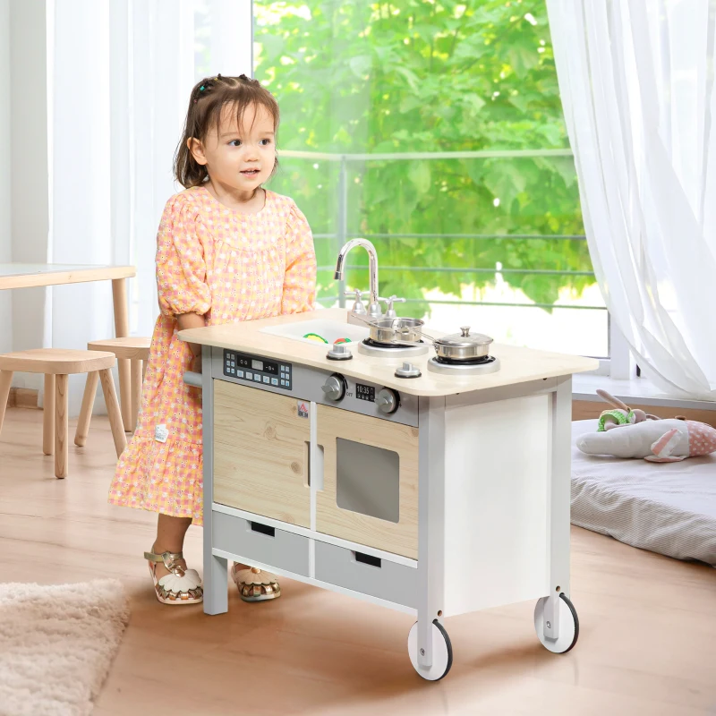 HOMCOM Kids Wooden Toy Kitchen Play Cooking Set Pretend Role Playset Game with Wheels, Sink, Cooking Bench, Drawers, for 3-5 Years