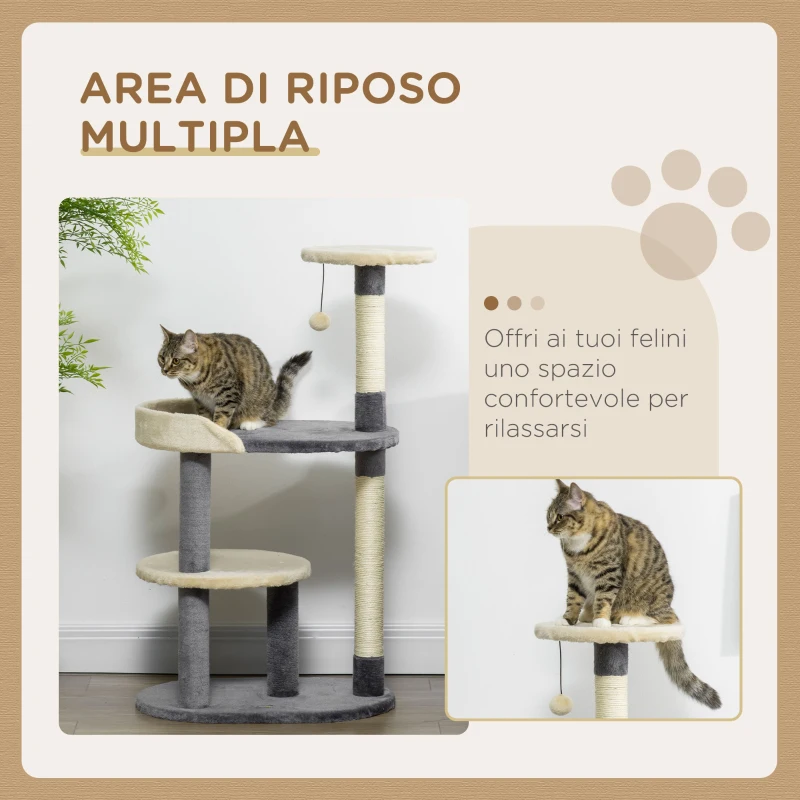 PawHut Albero Tiragraffi per Gatti a 3 Livelli con Pali in Sisal e Altezza 105cm, Grigio
