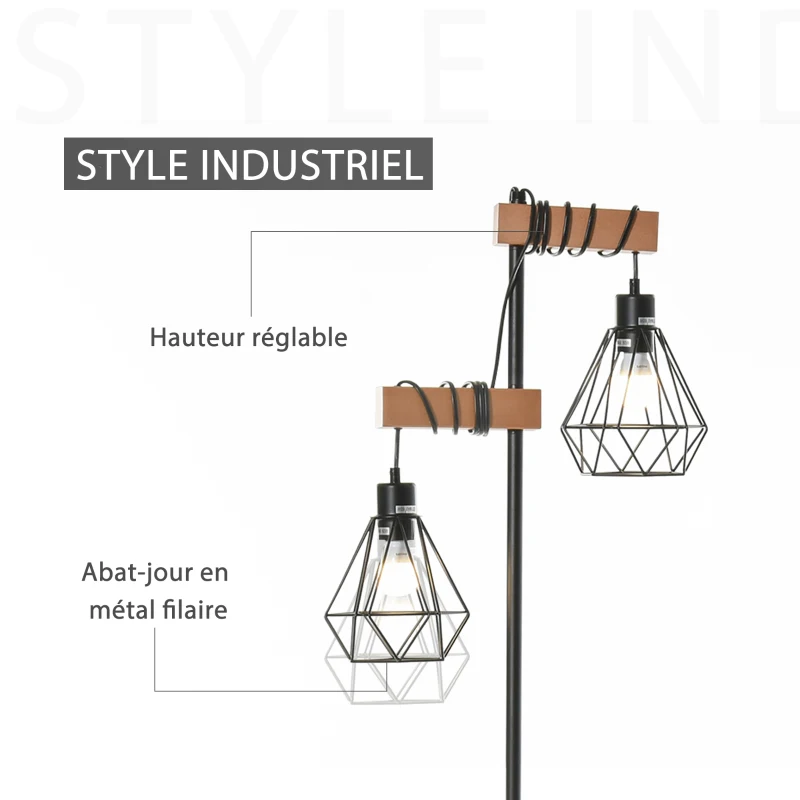 HOMCOM Lampadaire Design Industriel 40 W Max. Double Suspension métal Filaire Hauteur réglable Noir