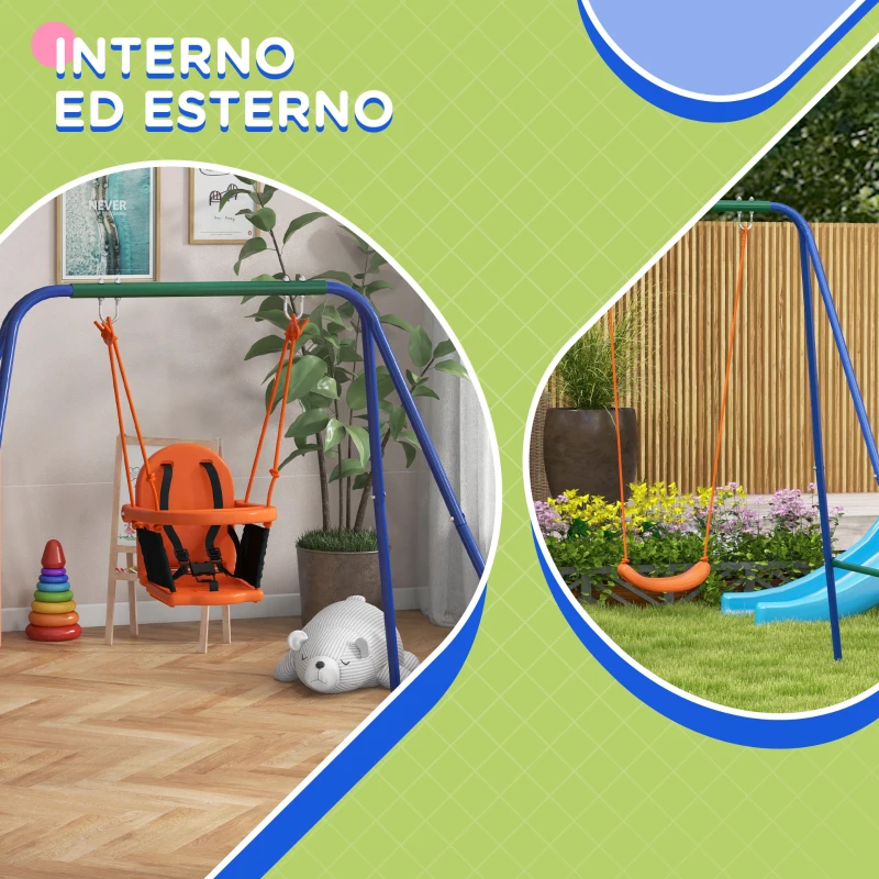 Outsunny Altalena da Giardino 2 in 1 per Neonati e Bambini da 6 Mesi a 8 Anni, Arancione e Blu