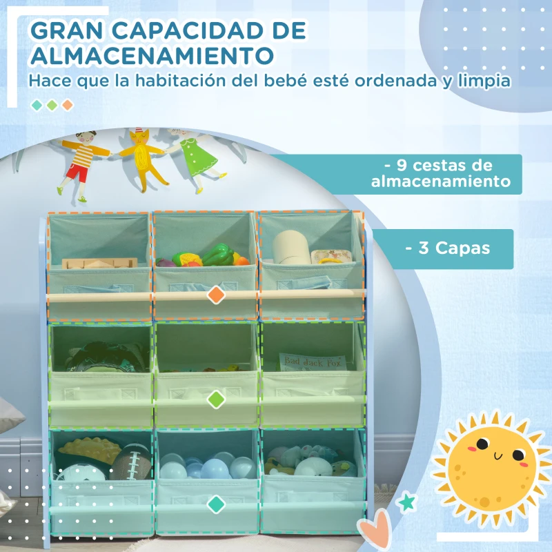 ZONEKIZ Organizador de Juguetes con 9 Cajas de Tela no Tejida Extraíbles para Dormitorio Guardería 63x30x60 cm Azul