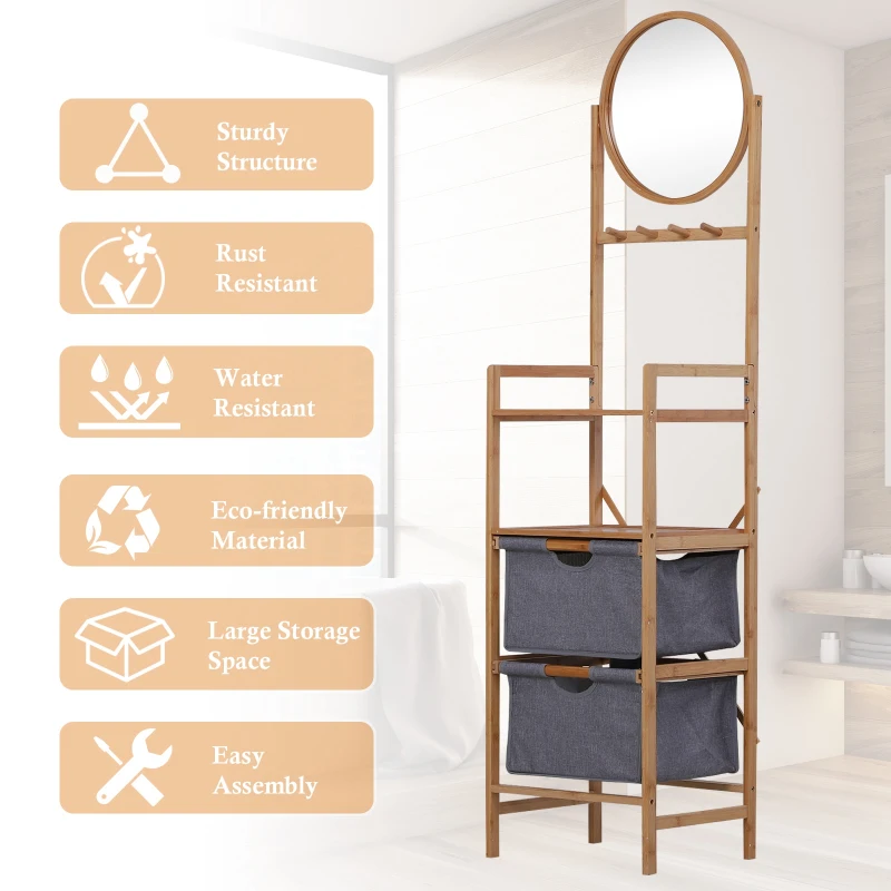 HOMCOM Meuble colonne rangement salle de bain bambou design naturel 41L x 33l x 166H cm 2 étagères, 2 paniers, 4 patères + miroir
