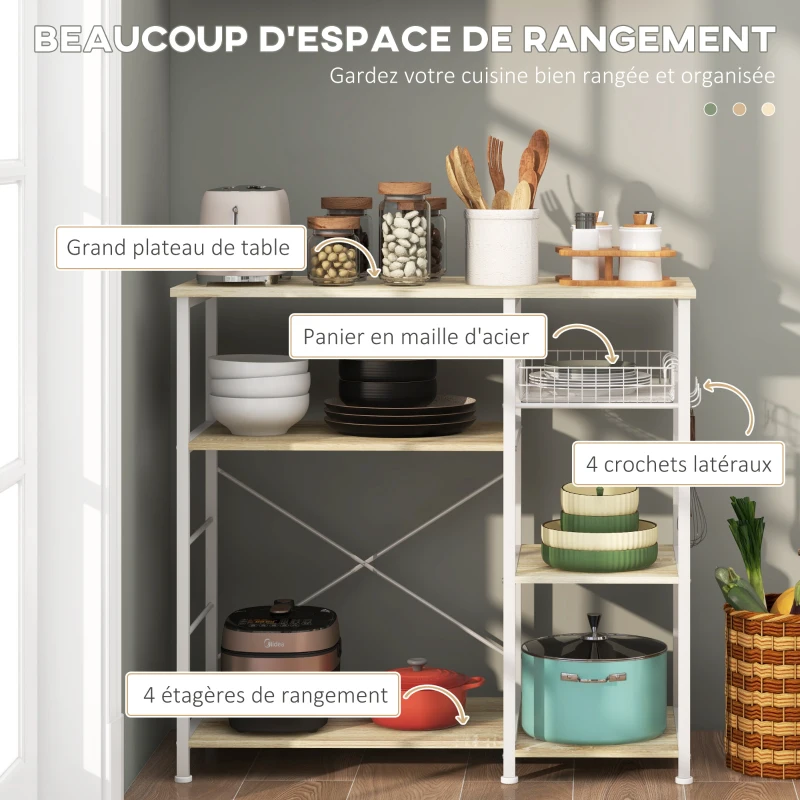 HOMCOM Etagère meuble de rangement cuisine ilot style moderne avec 4 crochets 4 étagères 90 x 40 x 84,5 cm,