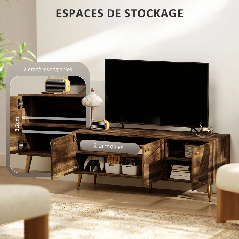 HOMCOM Meuble TV meuble télé bois pour téléviseur jusqu'à 60 pouces avec placards étagères pieds acier 130 x 40 x 52 cm marron